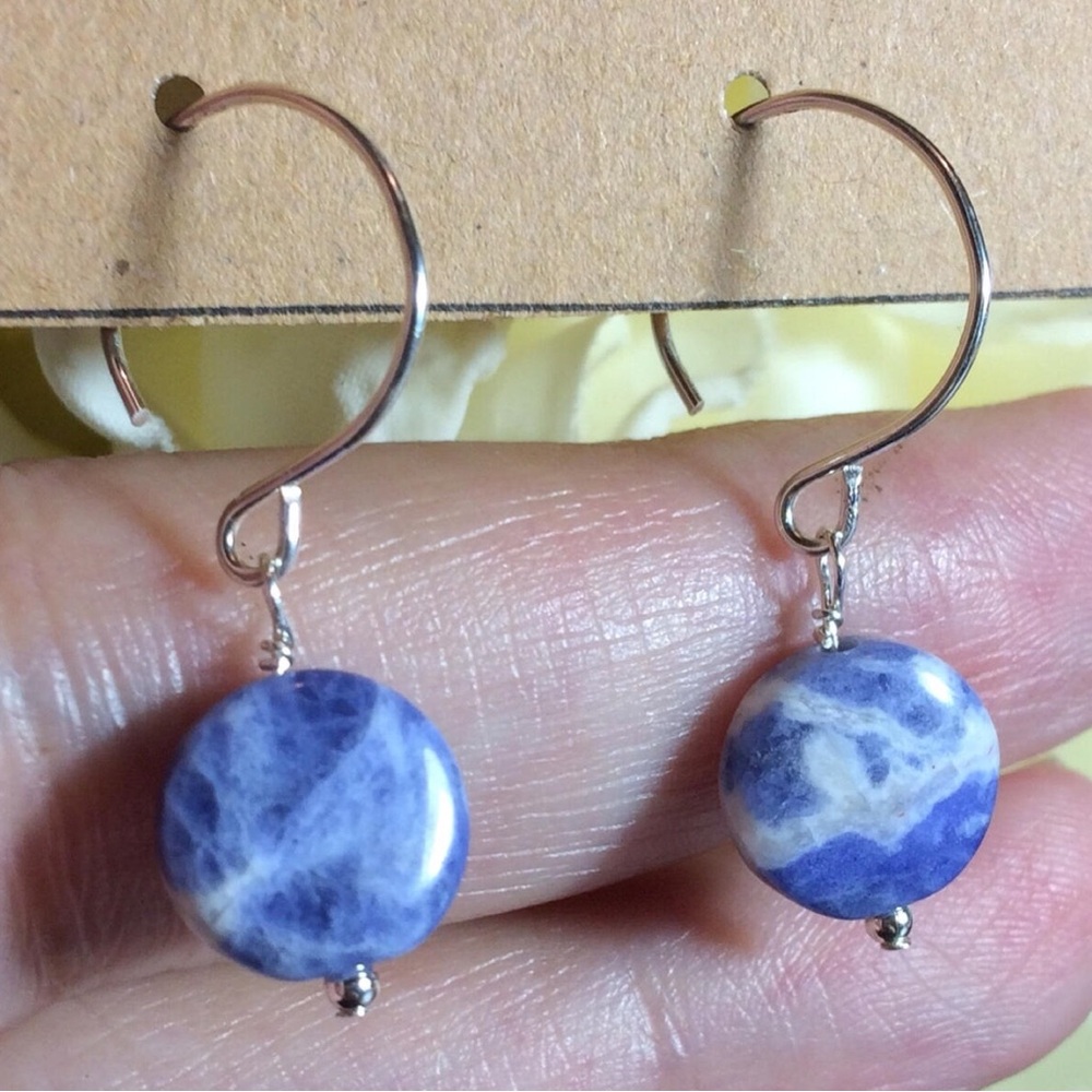 Sodalite & Sterling Earrings Petite Natural Blue Gemstone Coin Artisan Dangles